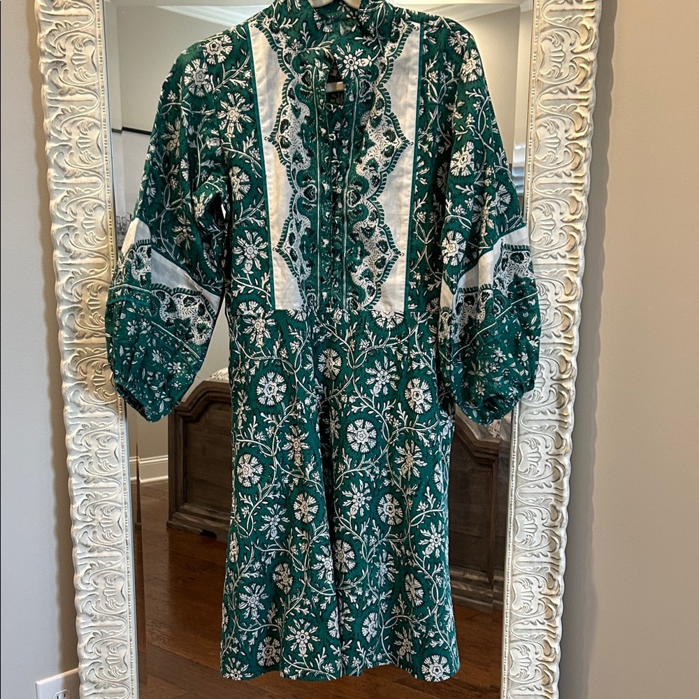 Green Floral Print Boho Dress with Contrast Panels
